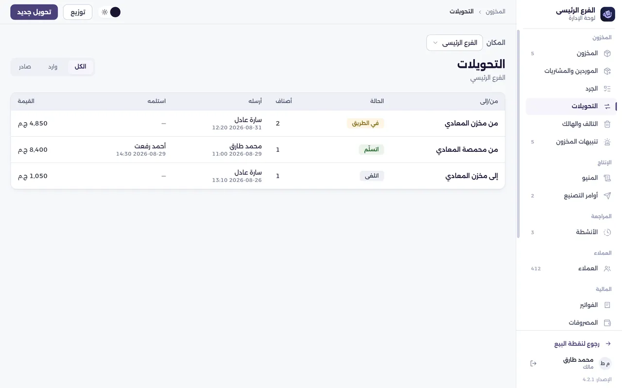 شاشة التحويلات والتوزيع