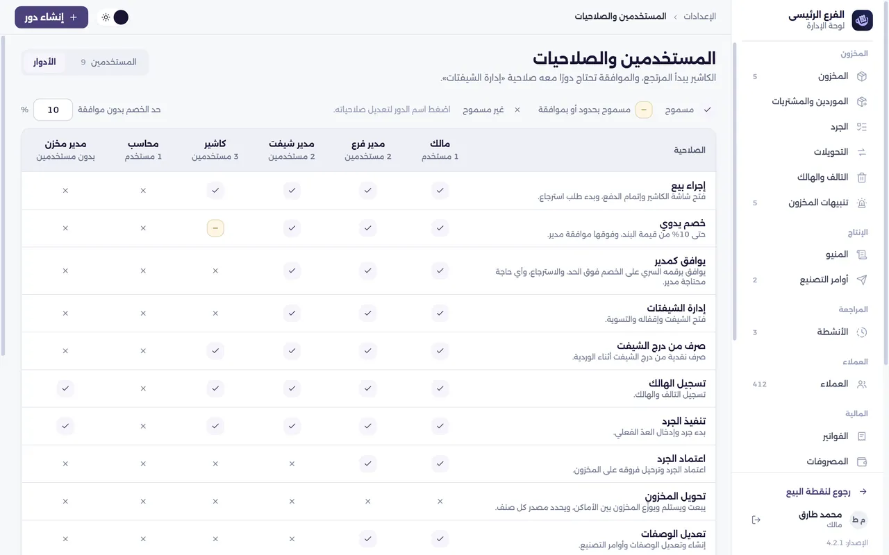 شاشة الأدوار والصلاحيات